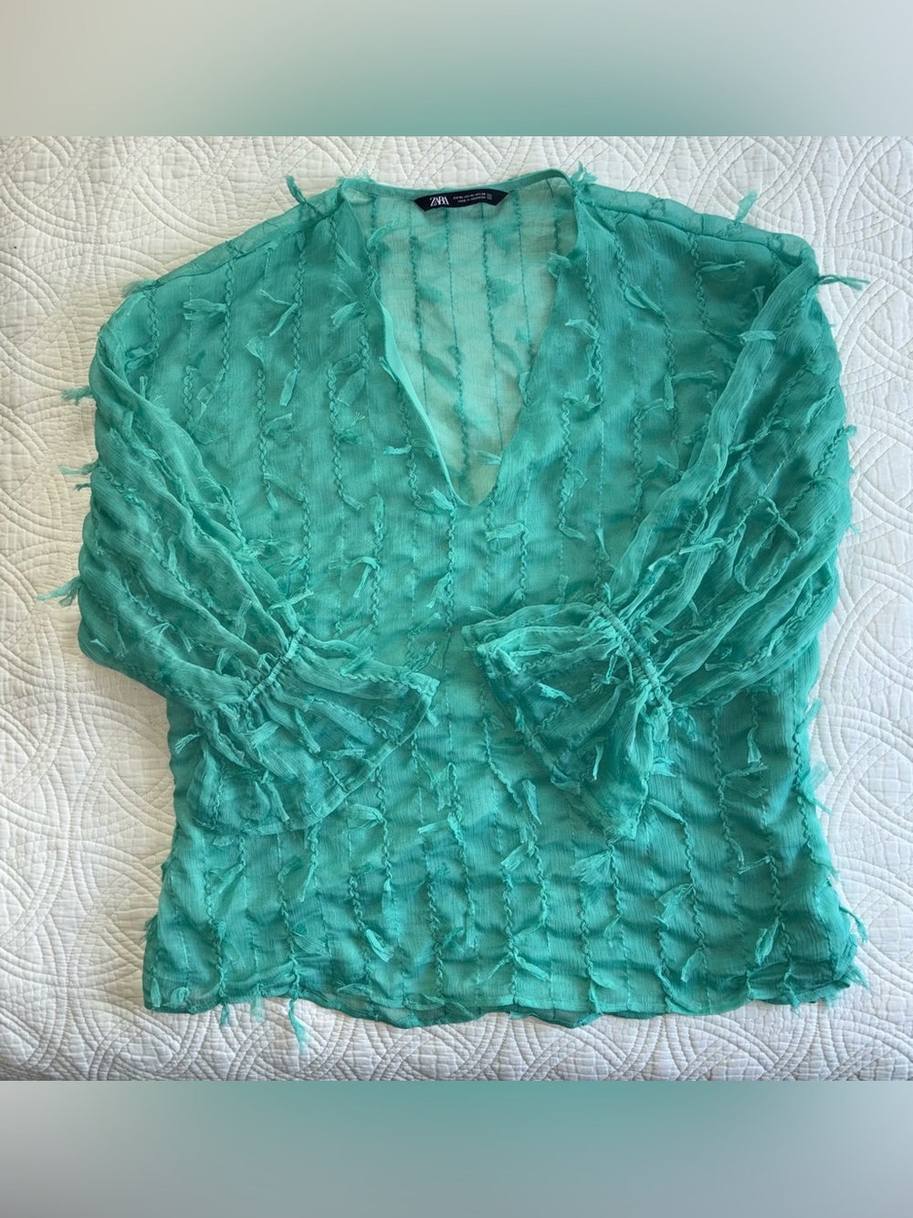 Zara XL Mint Teal V-Neck Textured Long-Sleeve Blouse - Picture 2 of 8